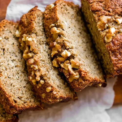 A freshly baked loaf of the best healthy banana bread, golden brown and perfectly sliced.
