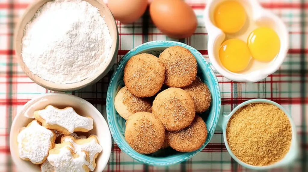 Closeup of secret recipe sugar cookies, lightly dusted with fine sugar.
