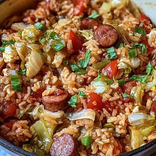 A full serving of cajun cabbage jambalaya dish in a rustic bowl