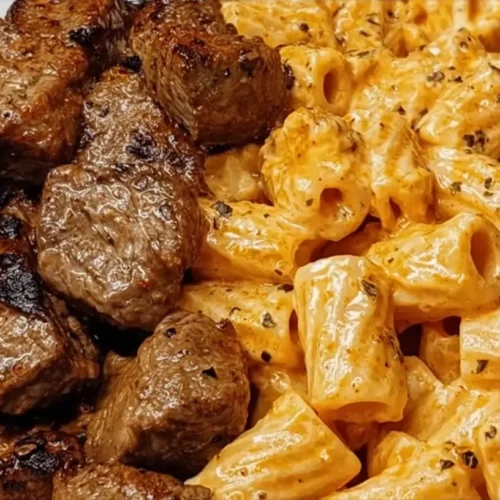 A serving of cozy homemade Cajun steak tips with cheesy Rigatoni pasta on a rustic plate.