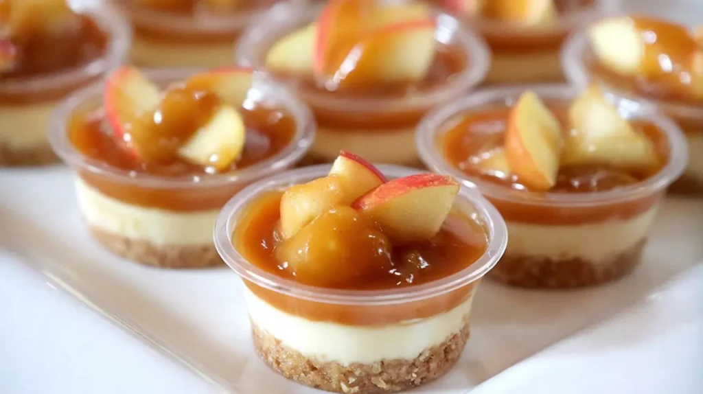 Multiple caramel apple dessert cups, elegantly arranged for a party or special event.