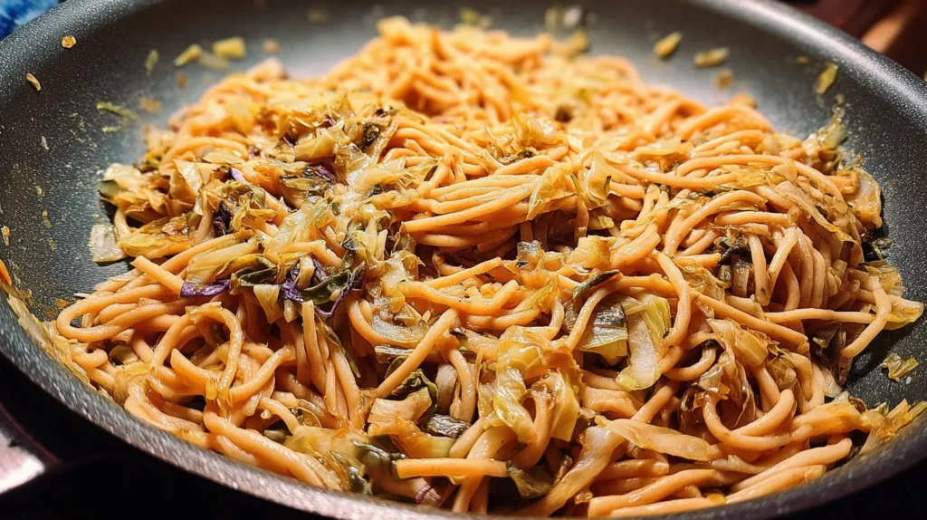 Close-up of creamy caramelized cabbage pasta with fresh herbs.