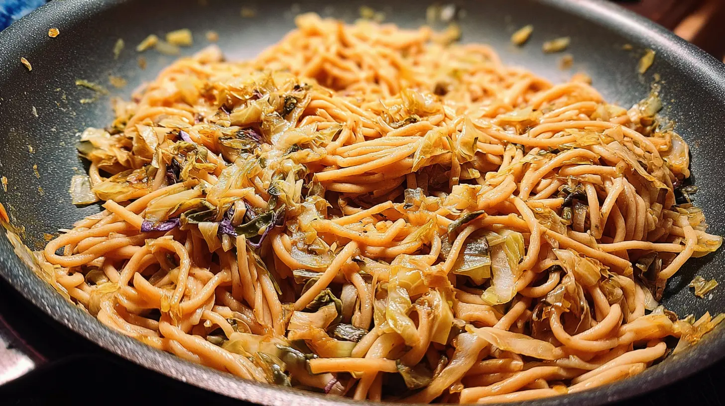 Close-up of creamy caramelized cabbage pasta with fresh herbs.