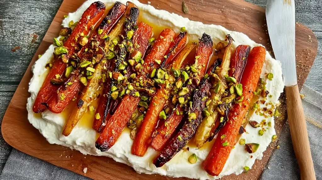 A vibrant dish of oven-baked carrots, topped with fluffy ricotta and spicy honey.