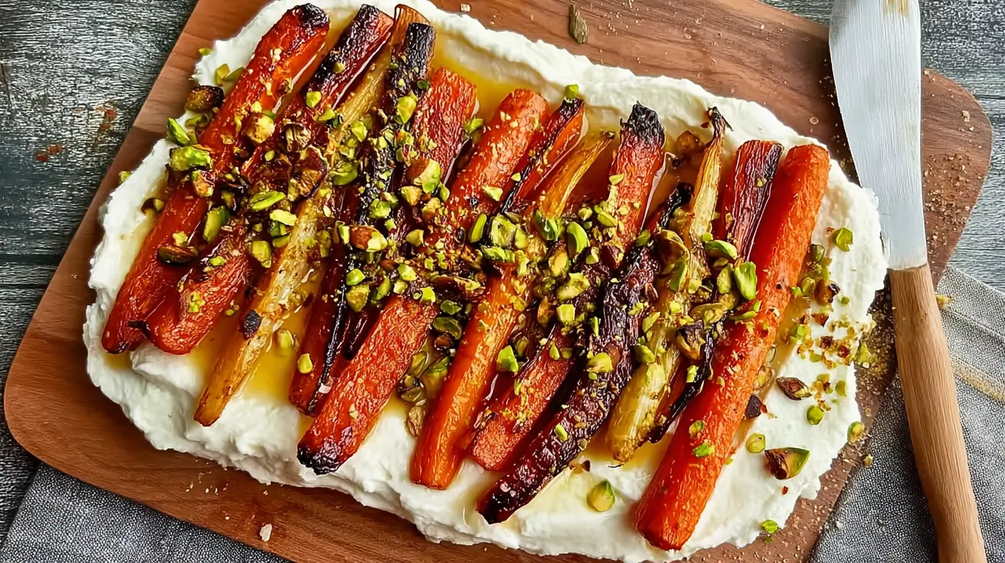 A vibrant dish of oven-baked carrots, topped with fluffy ricotta and spicy honey.