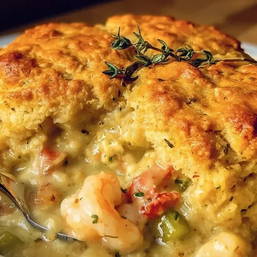 A steaming Cheddar Bay Biscuit Seafood Pot Pie in a serving dish, ready to eat