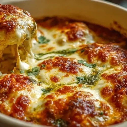A warm Cheesy Mozzarella Chicken Casserole baking in a dish.