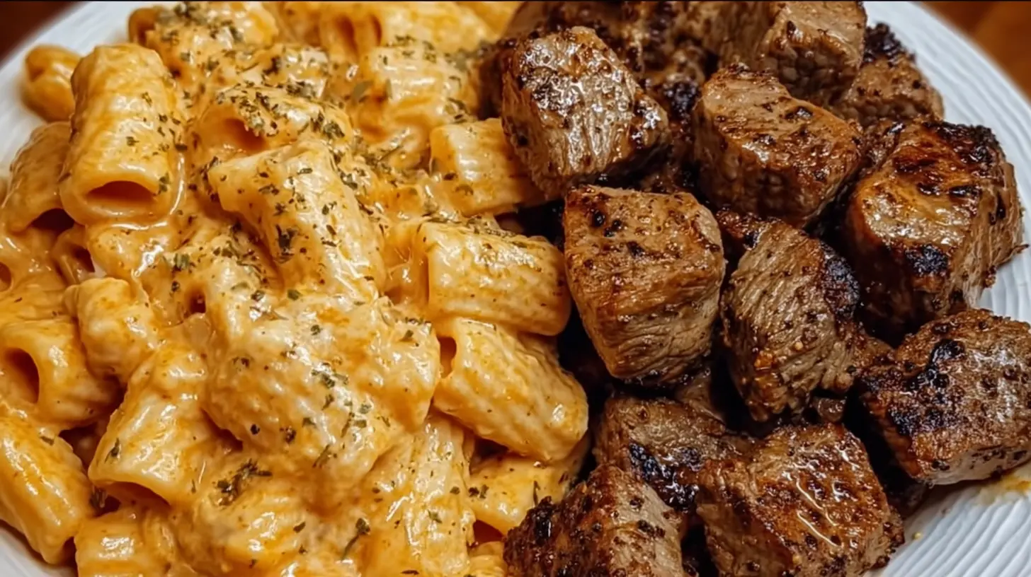Delicious Cajun steak tips paired with creamy, cheesy Rigatoni, freshly prepared in a home kitchen.