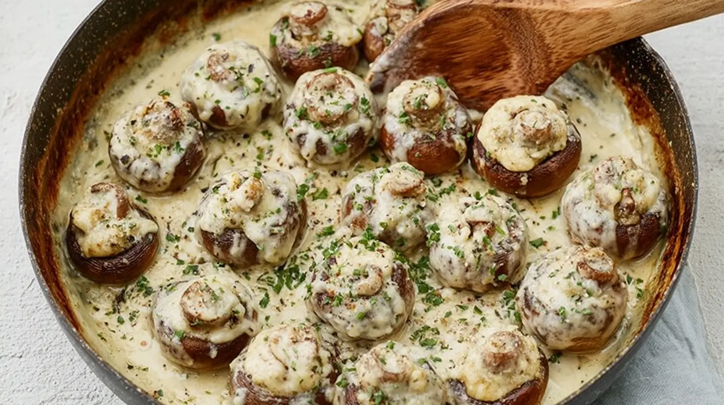 A platter of golden-brown roasted mushrooms, generously stuffed with creamy garlic and herb cheese.