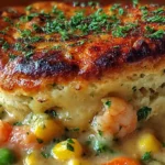 Close-up of a bubbling Shrimp & Lobster Cheddar Bay Biscuit Pot Pie, showing succulent shrimp and lobster.