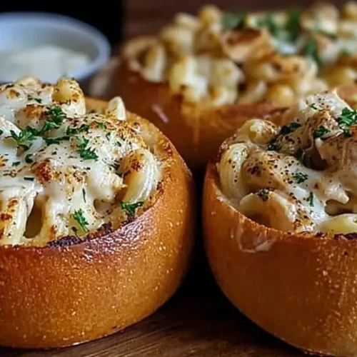Delicious chicken alfredo served in warm garlic bread bowls
