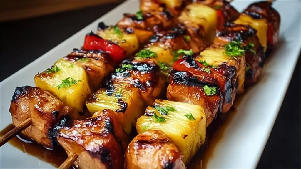Close-up of juicy grilled chicken and pineapple kabobs.