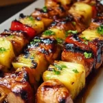 Close-up of juicy grilled chicken and pineapple kabobs.
