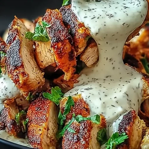 A close-up of delicious chicken shawarma drizzled with creamy garlic sauce.