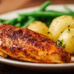 Parmesan crusted chicken and roasted vegetables cooking on a sheet pan