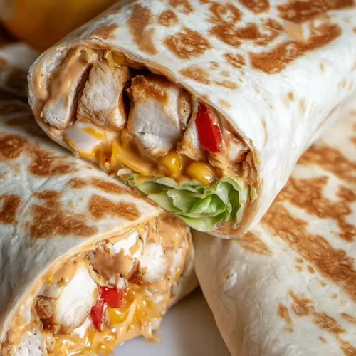 A close-up of a Chipotle Ranch Grilled Chicken Burrito, showing its golden-brown tortilla and savory fillings.