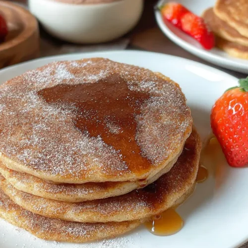 A stack of fluffy Spanish churro-inspired pancakes drizzled with chocolate sauce