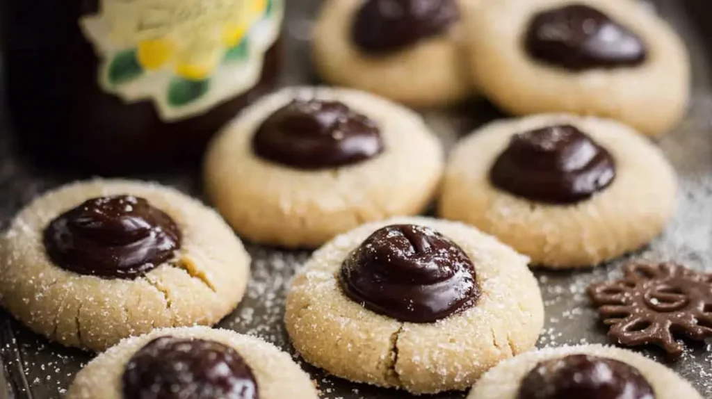 Dark chocolate thumbprint cookies arranged neatly, showcasing their deep color.