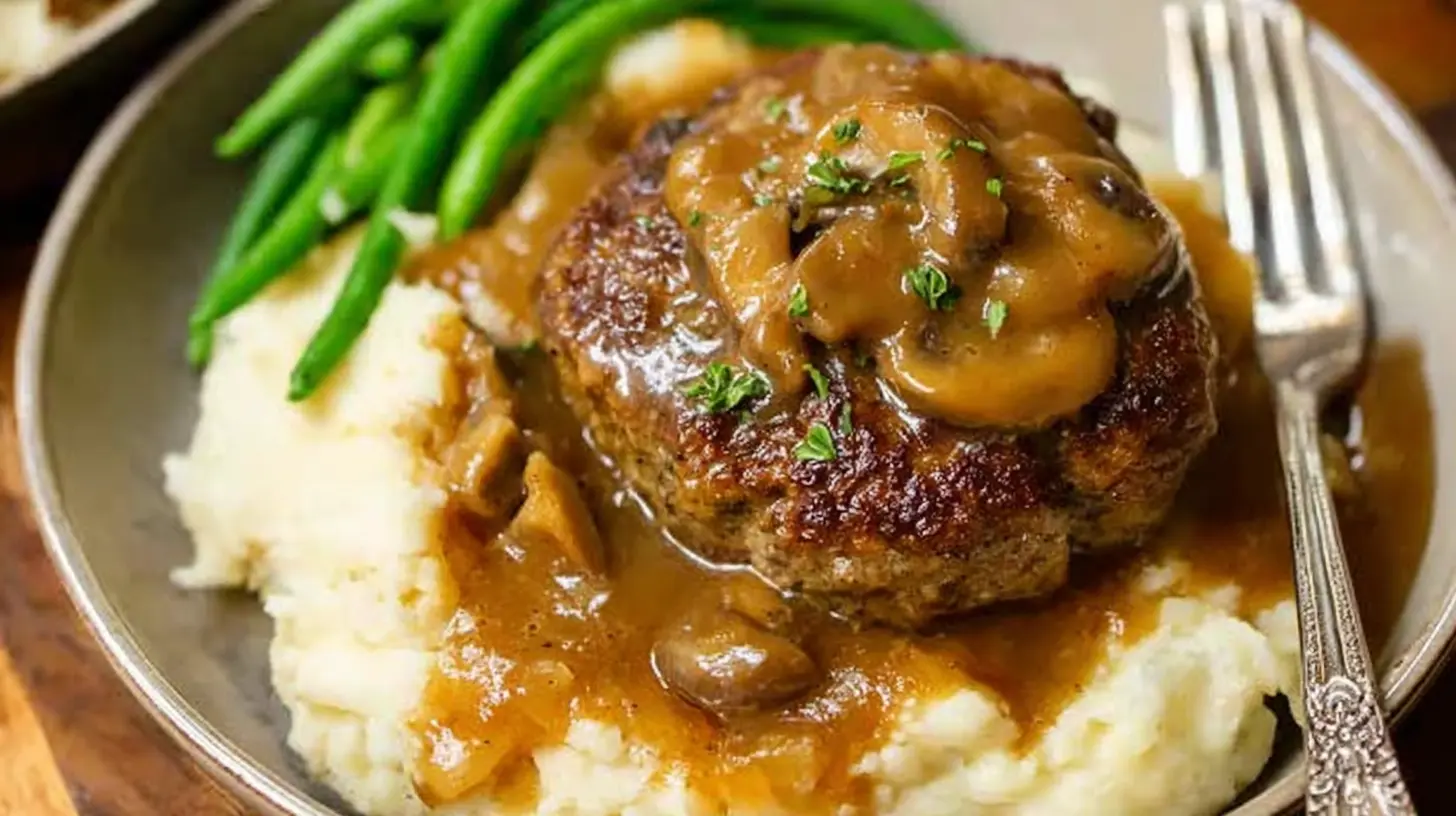 Classic Salisbury steak smothered in rich brown gravy.