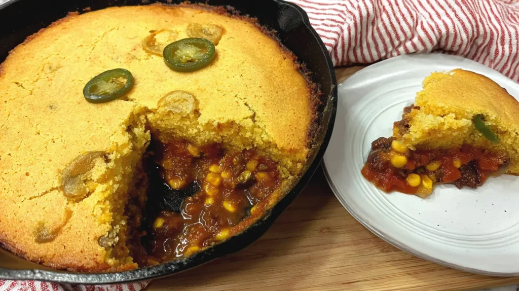 Hearty Texas Tamale Pie with a golden crust and savory filling