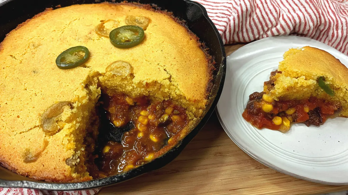 Hearty Texas Tamale Pie with a golden crust and savory filling