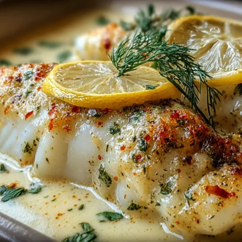 A serving of coconut lemon cream cod on a plate with fresh herbs