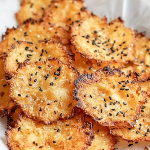 A close-up of crispy baked cottage cheese chips, golden brown and seasoned.