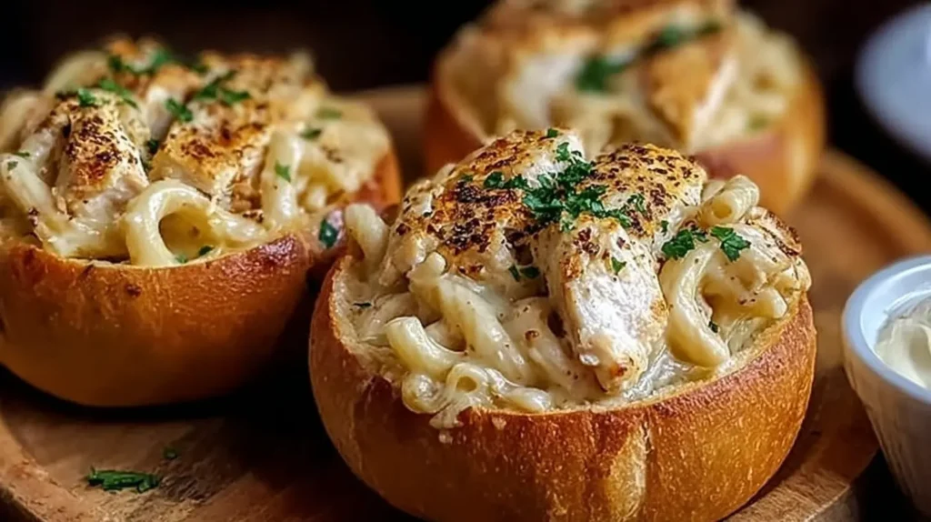 Close-up of chicken alfredo overflowing from a garlic bread bowl