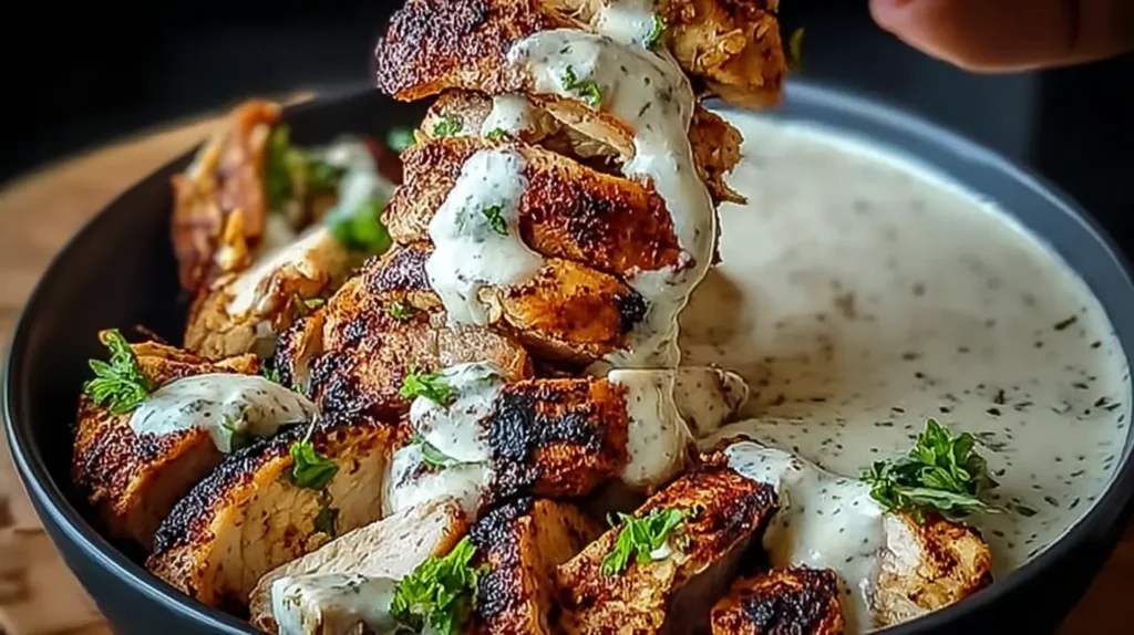 Tender chicken shawarma served with a generous amount of rich garlic sauce.