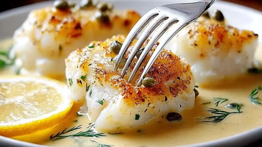 Flaky baked cod bathed in a creamy coconut and lemon sauce