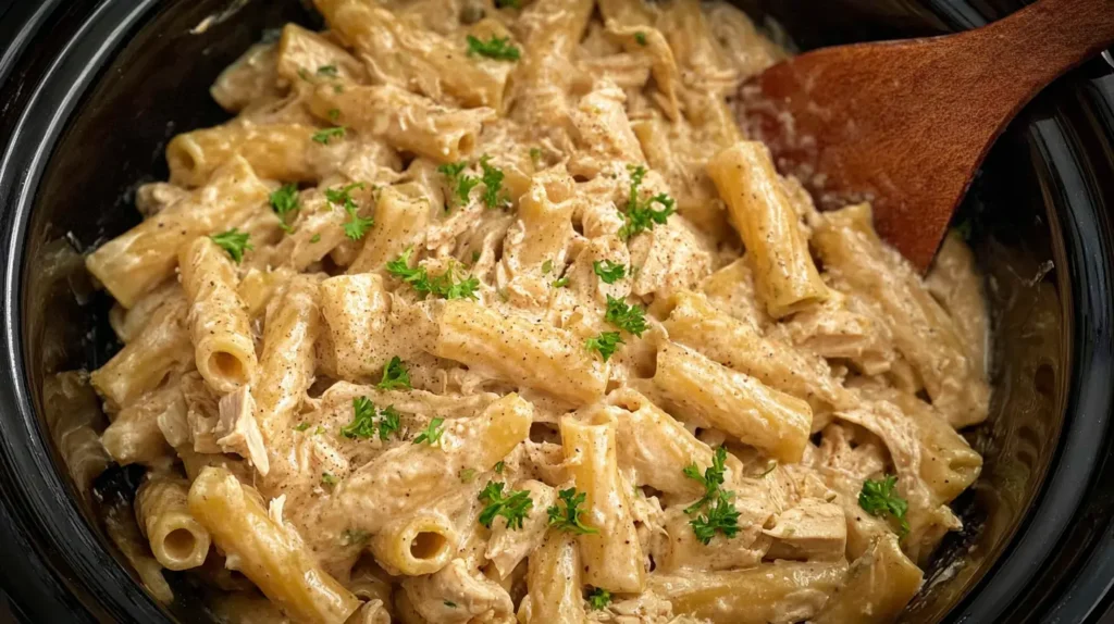 Close-up of Crockpot Garlic Parmesan Chicken Pasta garnished with fresh parsley.