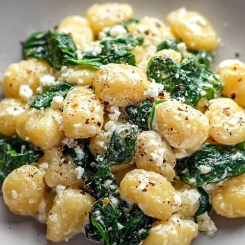 A plate of creamy gnocchi with spinach and feta