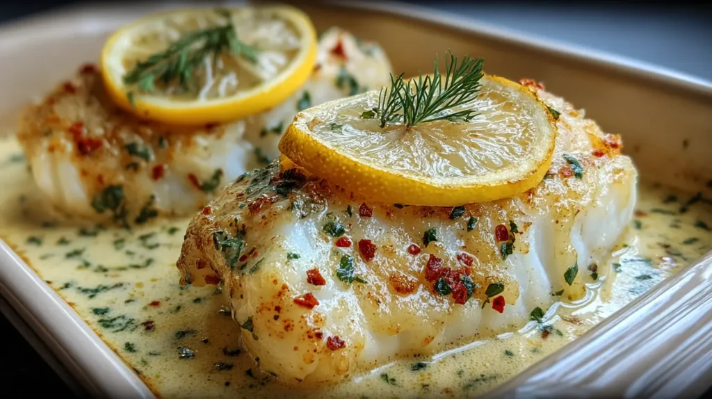 Close-up of lemon cream cod with a hint of coconut sauce
