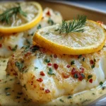 Close-up of lemon cream cod with a hint of coconut sauce