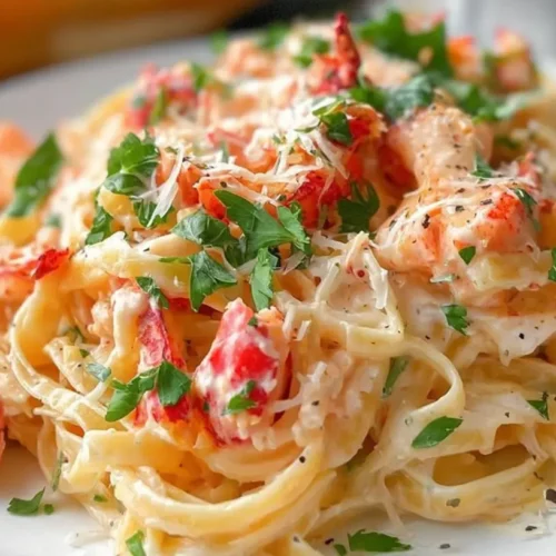 A plate of creamy lobster alfredo pasta with generous pieces of lobster meat