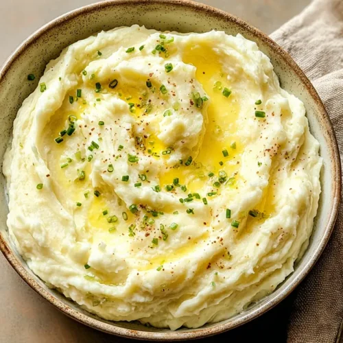 A bowl of perfectly smooth creamy mashed potatoes garnished with herbs