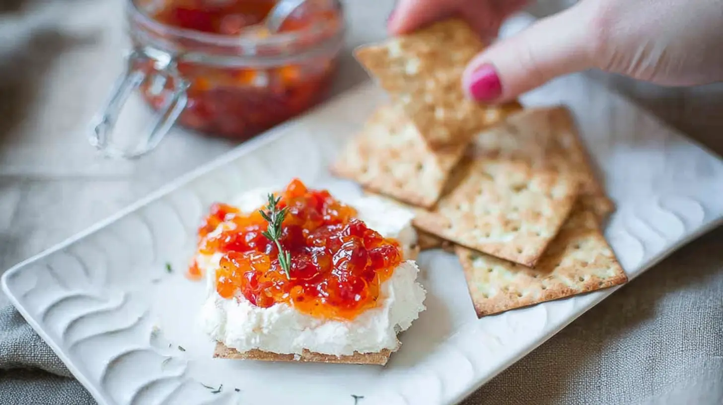 Cream cheese adorned with a luscious layer of red pepper jelly.