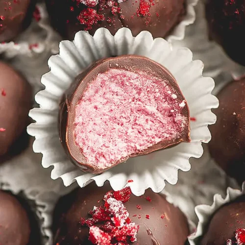 Close-up of creamy raspberry truffles, dusted with cocoa.