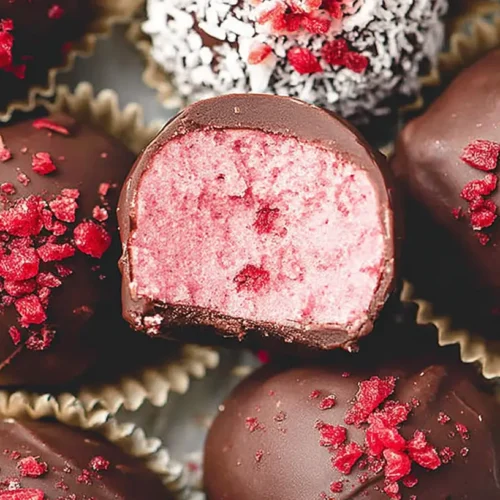 A close-up of creamy raspberry truffles, dusted with cocoa.
