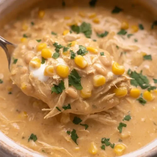 A steaming bowl of Crock Pot White Chicken Chili with toppings