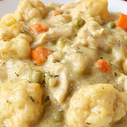 Hearty crockpot chicken and dumplings in a ceramic bowl