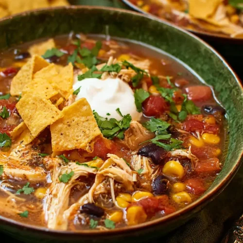 A steaming bowl of Crockpot Chicken Tortilla Soup with fresh toppings