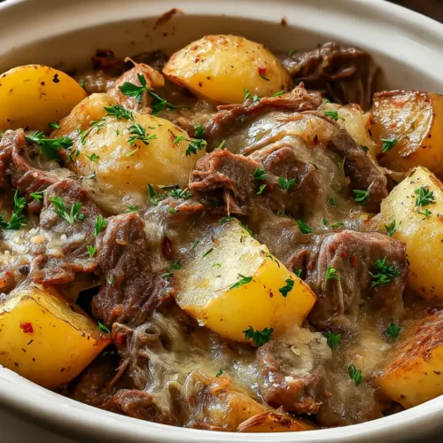 A crockpot loaded steak and potato bake, hot and ready to serve.