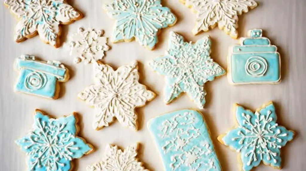 Arrangement of freshly baked iced sugar cookies, each with unique designs.