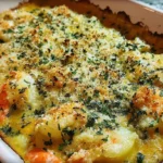 Creamy seafood gratin served in a white ramekin, topped with herbs.