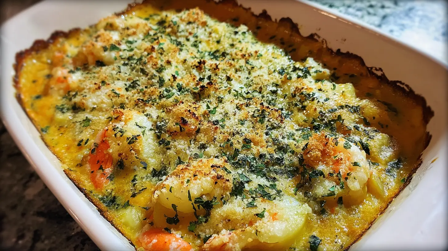 Creamy seafood gratin served in a white ramekin, topped with herbs.