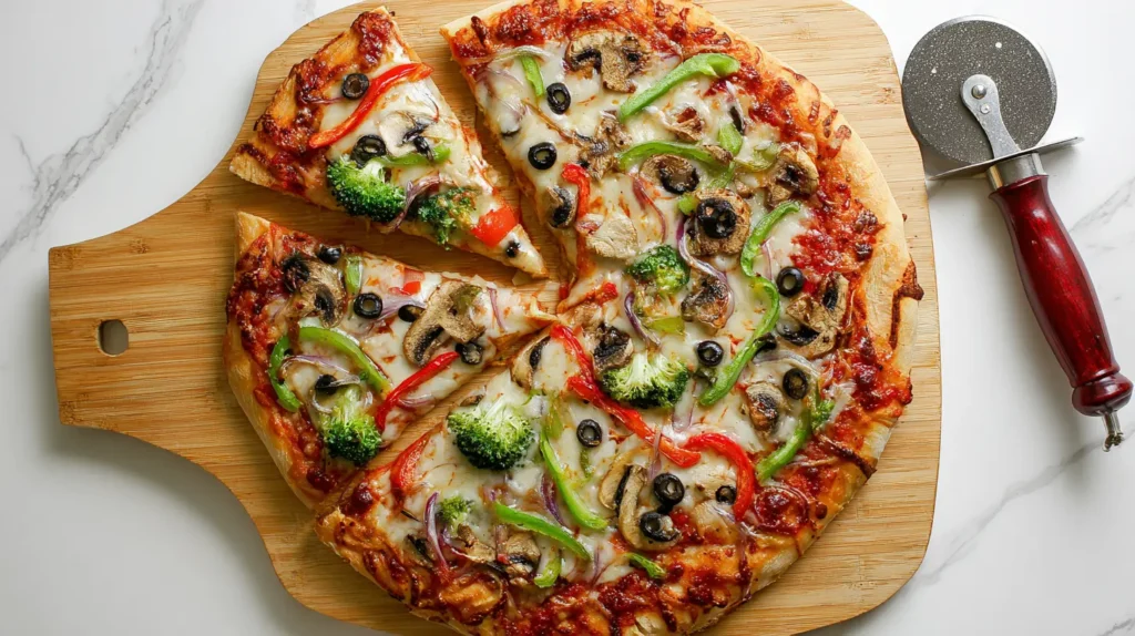 Delicious vegetable pizza with a crispy crust and melted cheese.