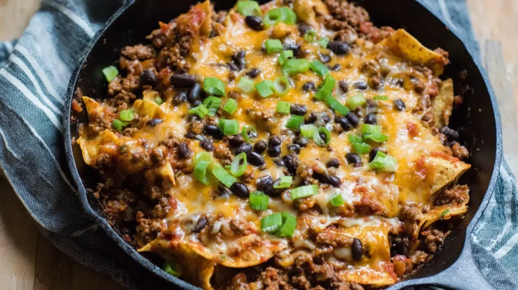 Delicious beef enchilada skillet, freshly made in a single pan.