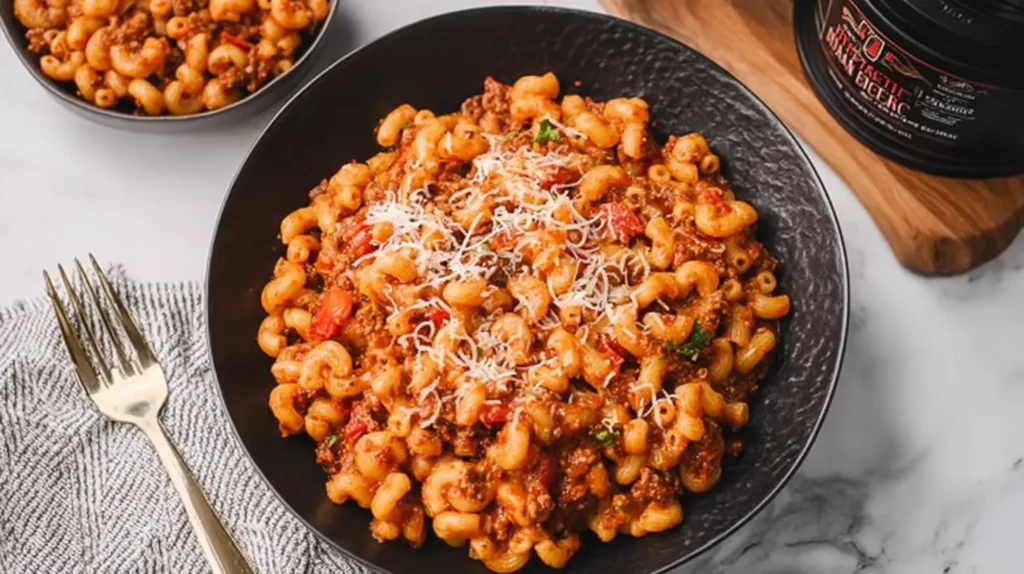 Close-up of bubbling one pot beefaroni with pasta and meat