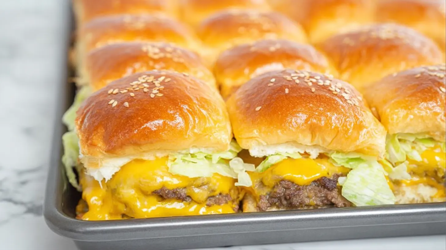 Several mini Big Mac sliders arranged neatly on a cutting board.